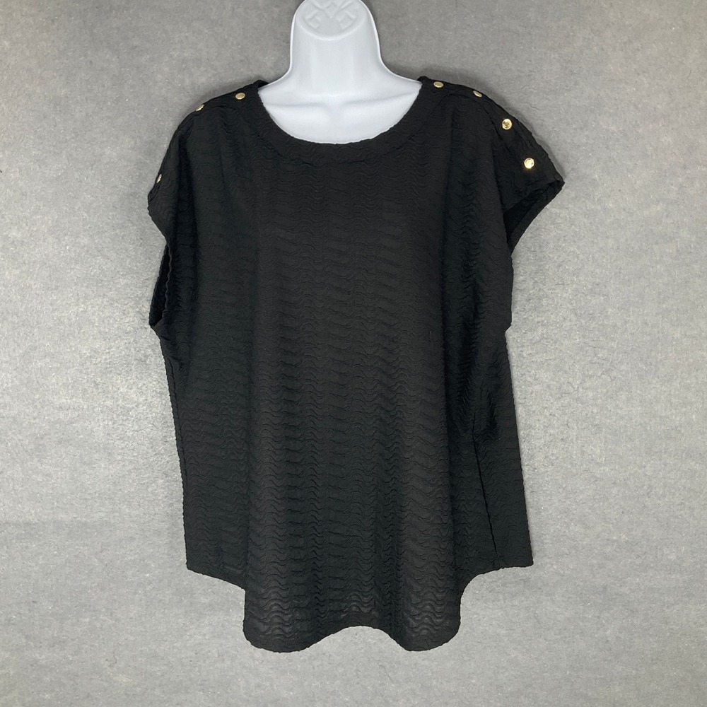 Jones New York Signature Top Womens Sz XL Black Textured Gold Button Cap Sleeve